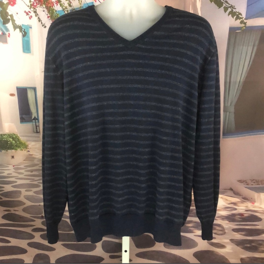 J Crew Gray and Navy Striped V-Neck Sweater